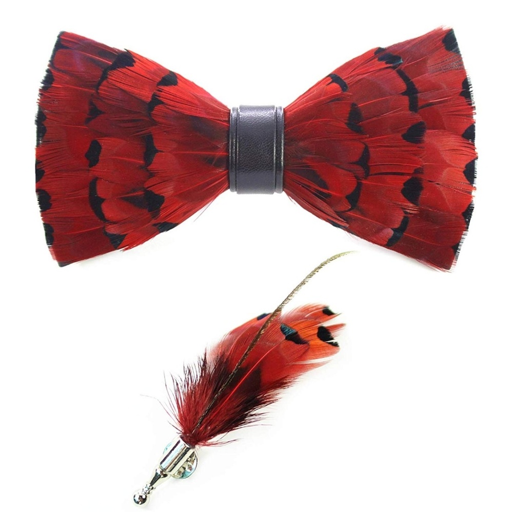 Mens Natural Feather Pre-Tied Bow tie & Lapel Pin